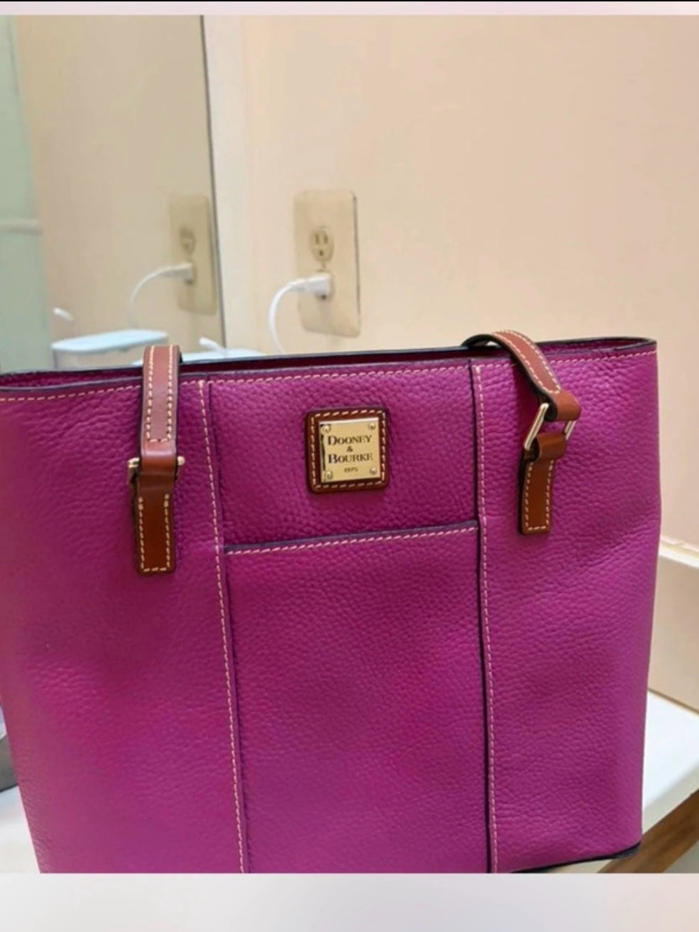 Dooney & Bourke Fuchsia Pebbled Leather Shoulder Tote with Brown Trim